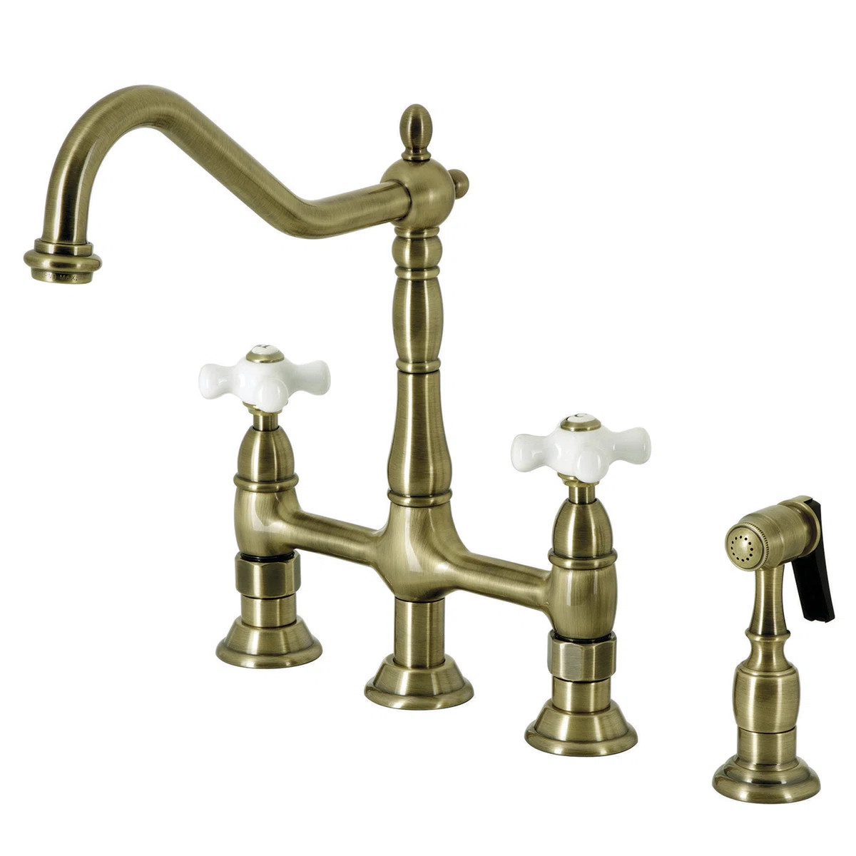 Kingston Brass Heritage Two-Handle 4-Hole Deck Mount Bridge Kitchen Faucet with Brass Side Spraye... | Wayfair North America