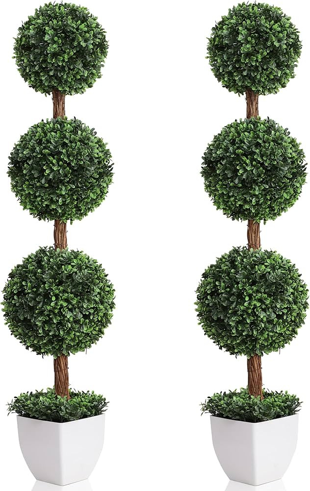 Artificial Topiaries Ball Trees Outdoor, 3.6ft Faux Boxwood Plants Topiary Triple Ball Tree(2 PCS... | Amazon (US)