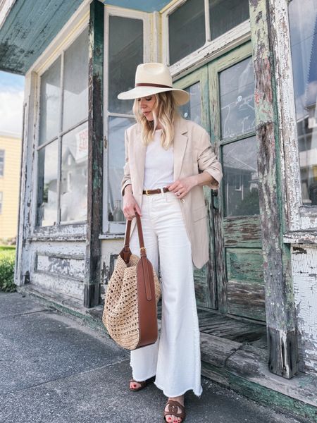 Neutral summer outfit with straw hat, linen blazer, white jeans, raffia tote bag, Gucci sandals 

#LTKShoeCrush #LTKFindsUnder100 #LTKItBag