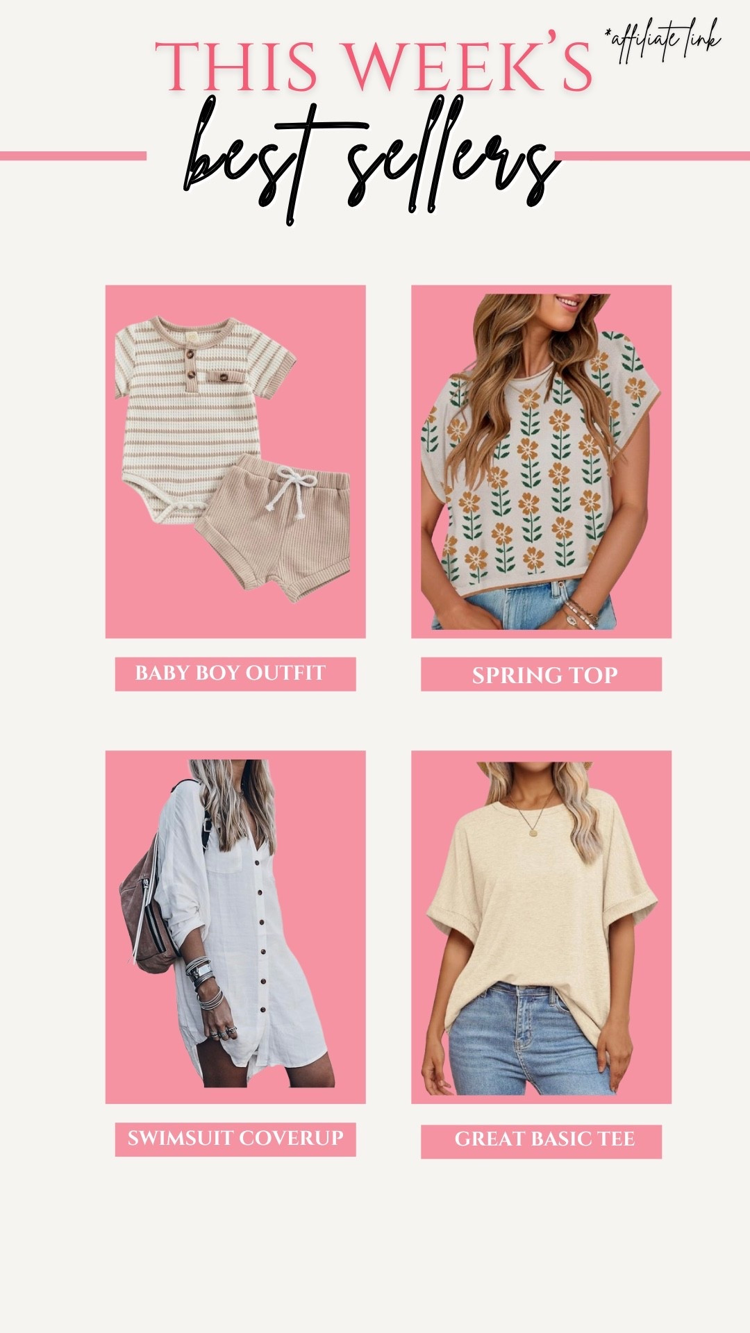 This week’s best sellers! Baby boy outfit, spring tops, swimsuit coverup