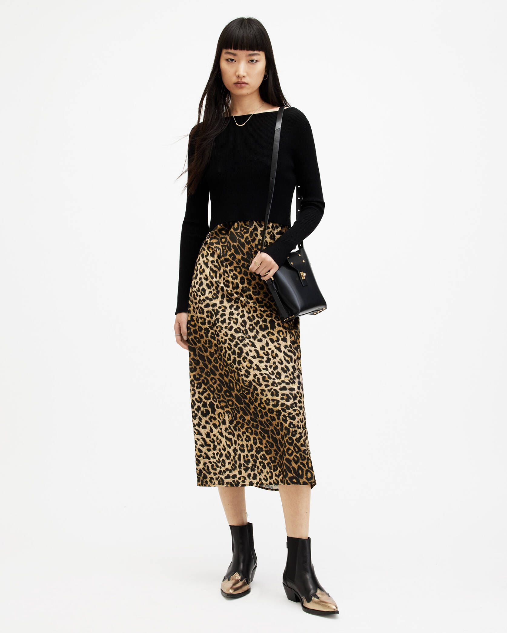 Hera Leopard Print 2-In-1 Midi Dress Black | ALLSAINTS US | AllSaints US