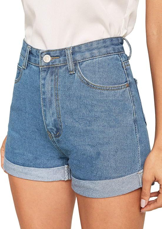 Milumia Women's Casual Mid Waist Rolled Hem Denim Jean Shorts with Pockets | Amazon (US)