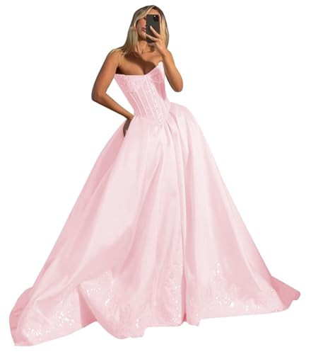 Off Shoulder Lace Applique Pink Wedding Dress for Bride Strapless A-Line Satin Pleated Tulle Bridal Ball Gown with Corset FP40-16W | Amazon (US)