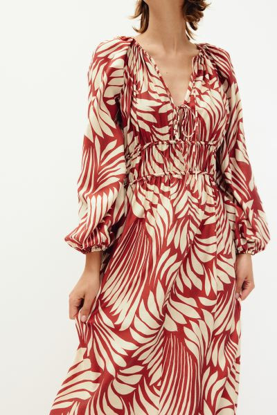 Oversized Drawstring-detail Dress - V-neck - Long sleeve - Red/patterned - Ladies | H&M US | H&M (US + CA)