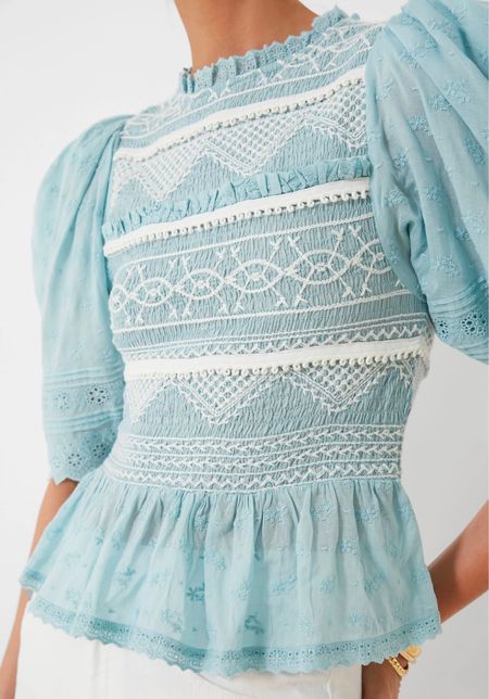 Lace top, white top, blue top, simple summer top, embroidered top, smocked summer top, summer outfit 

#LTKSeasonal #LTKwedding #LTKtravel