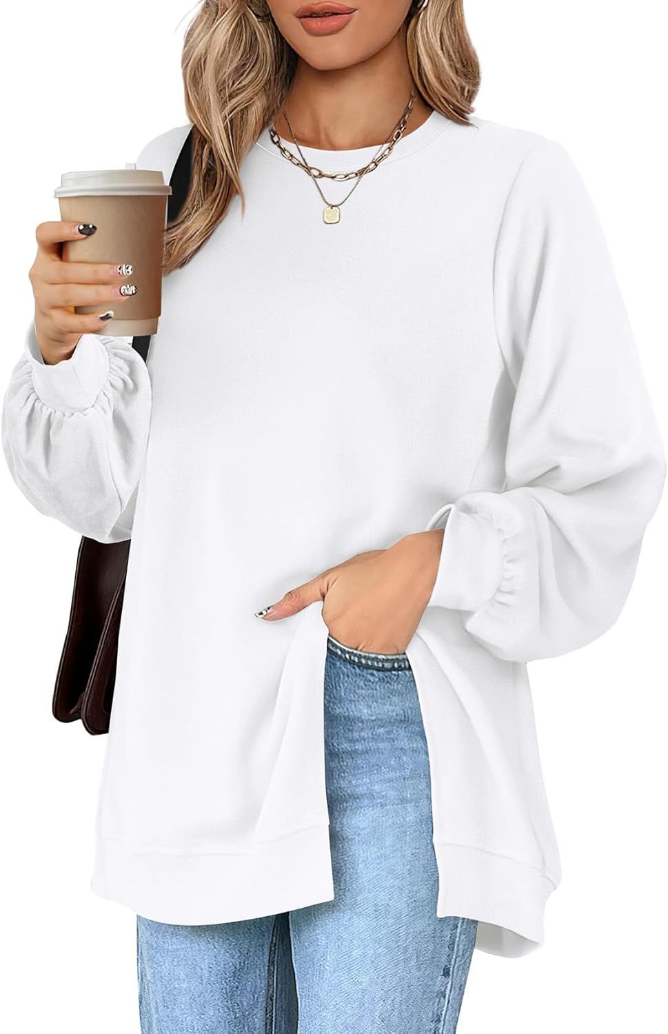 WIHOLL Womens Sweatshirt Crew Neck Balloon Sleeve Split Hem Dressy Casual Tops | Amazon (US)