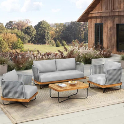Outdoor 4-Pieces Acacia Wood and Rope Woven Patio Conversation Set, Grey, Durable and Stylish for Modern Gardens | Wayfair North America