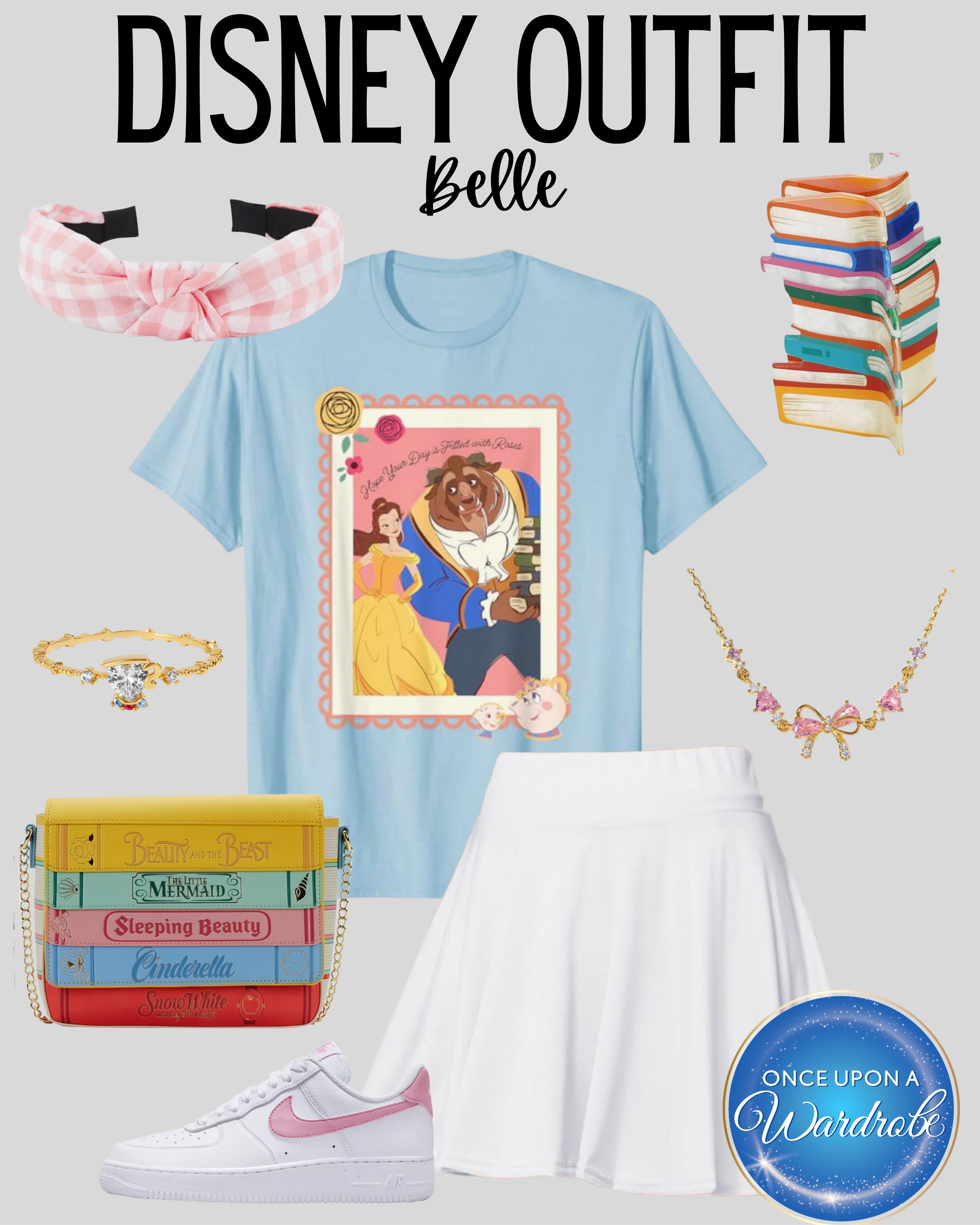 Belle inspired Disney outfit idea for a park day, Disney dinner, or Beauty and the Beast fan look 🌹 This one has the cutest mix of bookish details, soft pink accents, princess accessories, and comfy pieces you can actually wear all day. Linking the tee, skort, sneakers, storybook bag, headband, and accessories! 

 #LTKootd #LTKmomlife #LTKTravel
