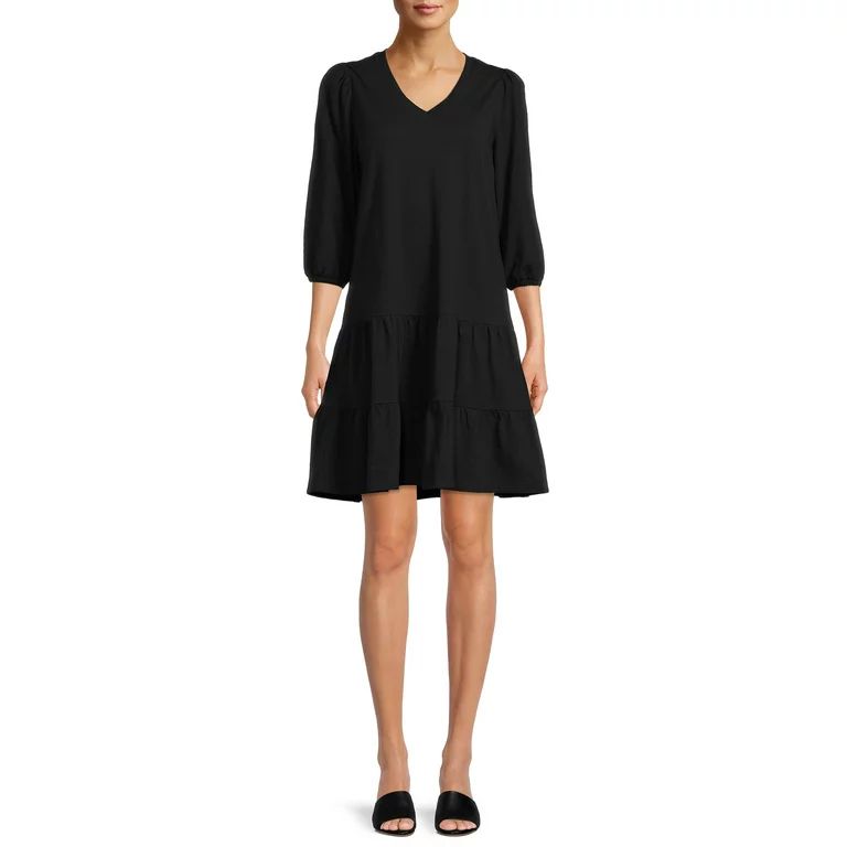 Time and Tru Women's V-Neck Tiered Knit Dress, Sizes XS- XXXL | Walmart (US)