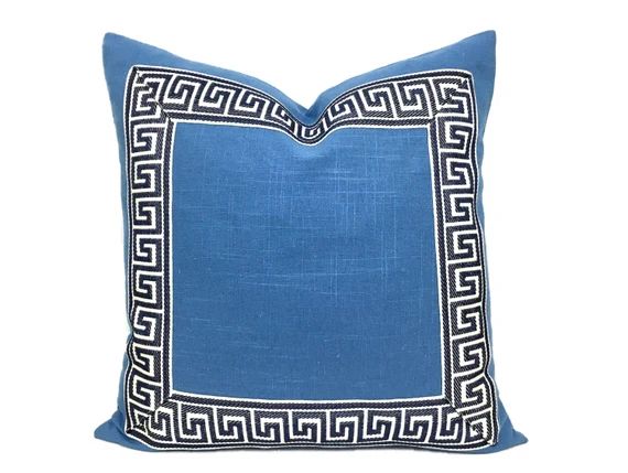 Blue Linen Pillow Cover with Marine Blue Greek Key Trim | Etsy | Etsy (US)