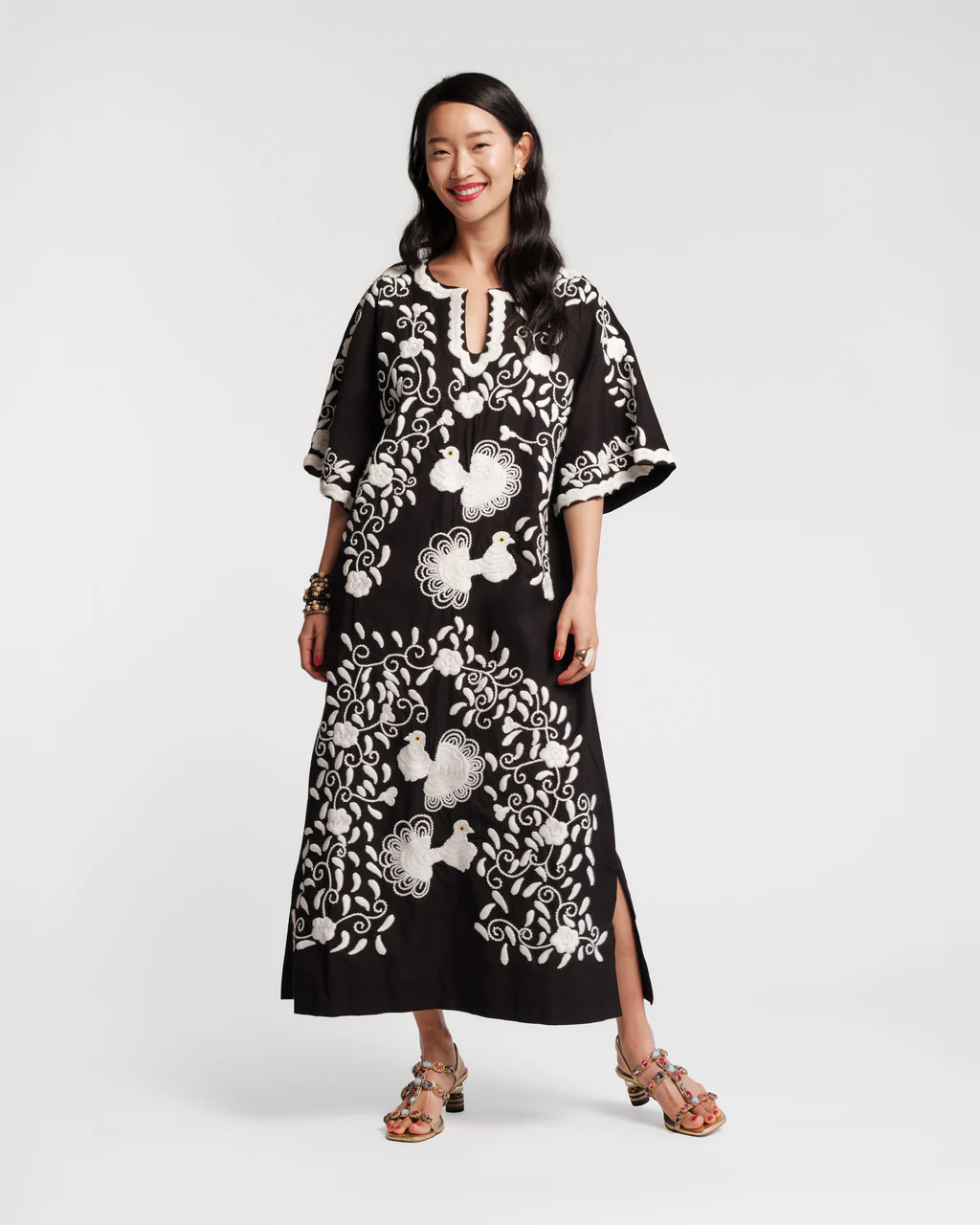 Embroidered Peacock Charming Caftan - Black | Frances Valentine
