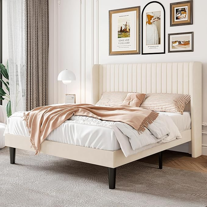 SHA CERLIN Full Size Velvet Bed Frame with Vertical Channel Tufted Wingback Headboard, Upholstere... | Amazon (US)