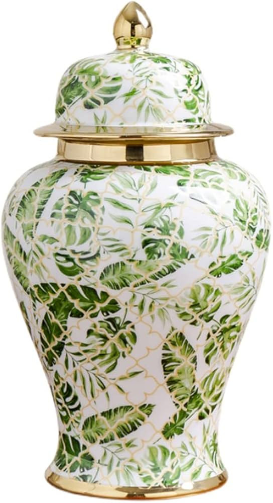 ZHOUXIAO Modern Ceramic Ginger Jar with Lid Green Leaf Pattern, Traditional Decorative Porcelain ... | Amazon (US)