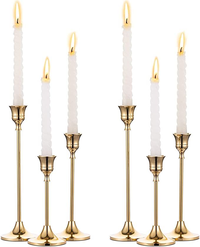 2 Sets(6 Pcs) Brass Gold Metal Taper Candle Holders Candlestick Holders, Vintage Modern Decorativ... | Amazon (US)
