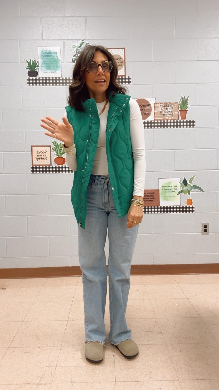 St Patrick’s day 
Green vest comes in other colors- Amazon vest 
Abercrombie high rise 90s relaxed jeans 

#LTKOver40 #LTKdayinmylife #LTKWorkwear