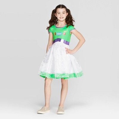 Girls' Toy Story Buzz Lightyear Dress - White/Green | Target
