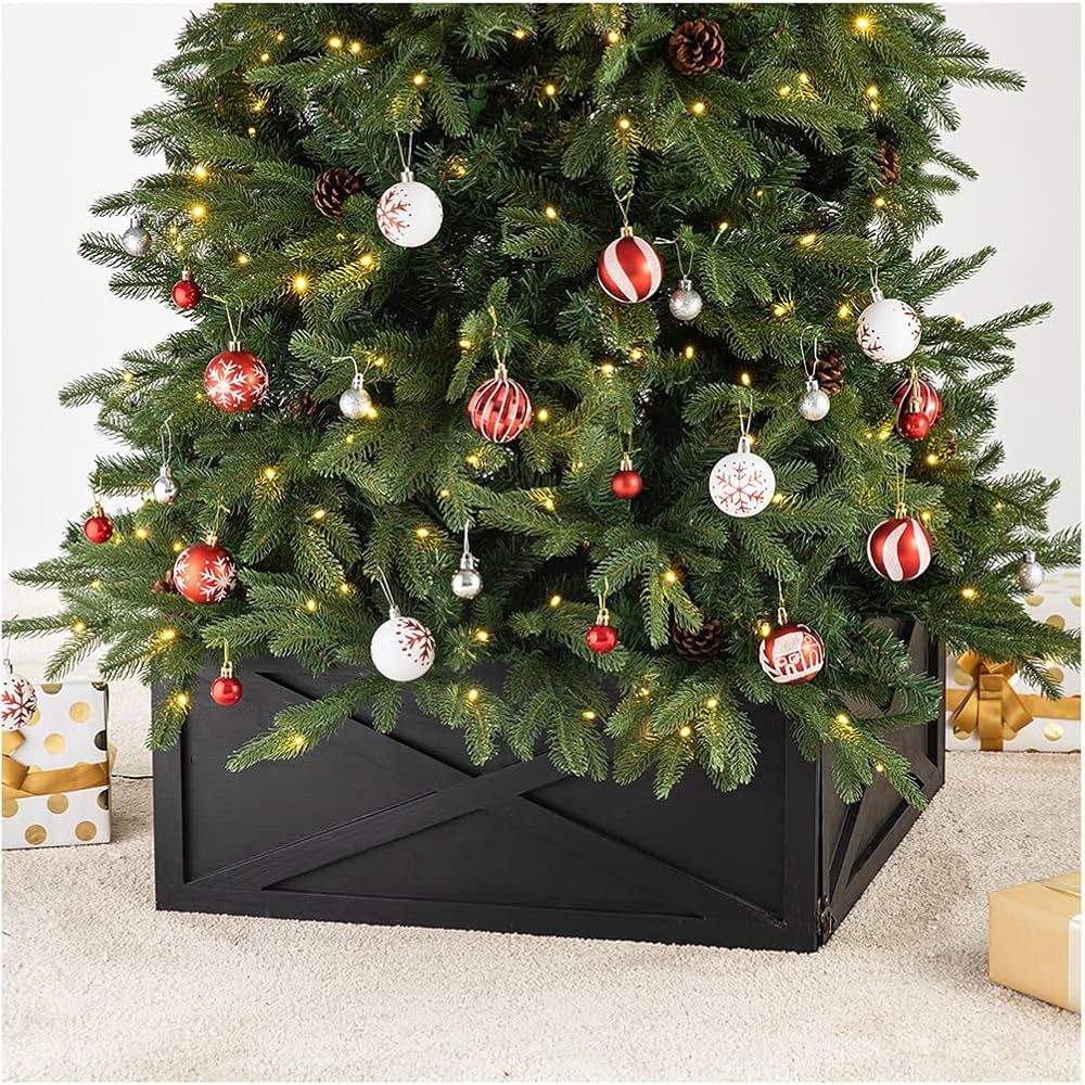 Glitzhome Washed Black Wooden Tree Collar Tree Stand Cover Christmas Tree Skirt Tree Box, 22" L | Amazon (US)