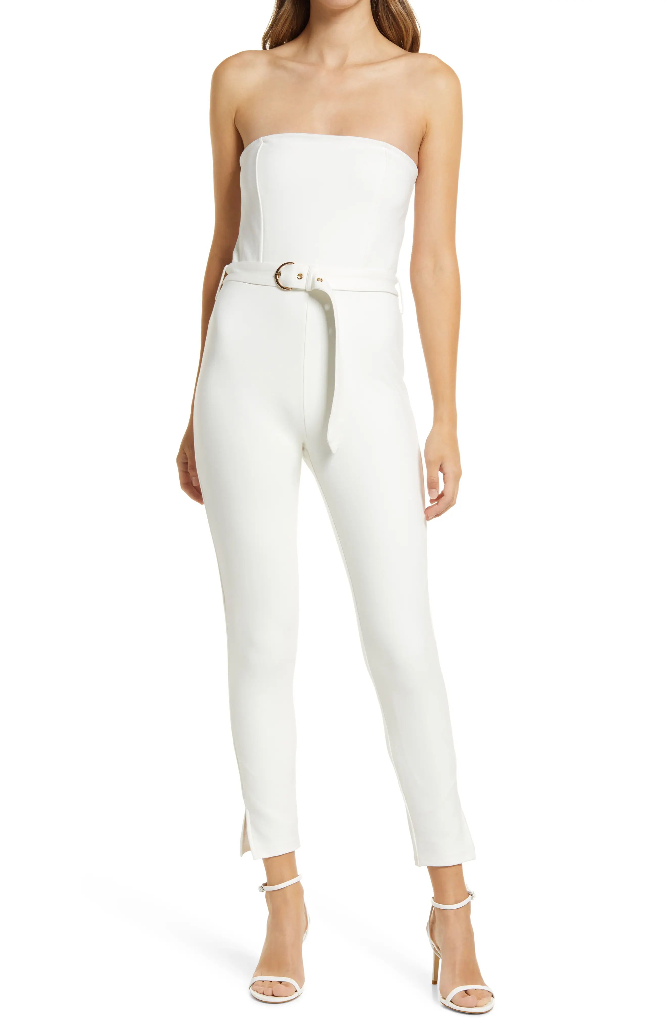 bebe Ponte Knit Strapless Belted Jumpsuit, Size Small in White at Nordstrom | Nordstrom