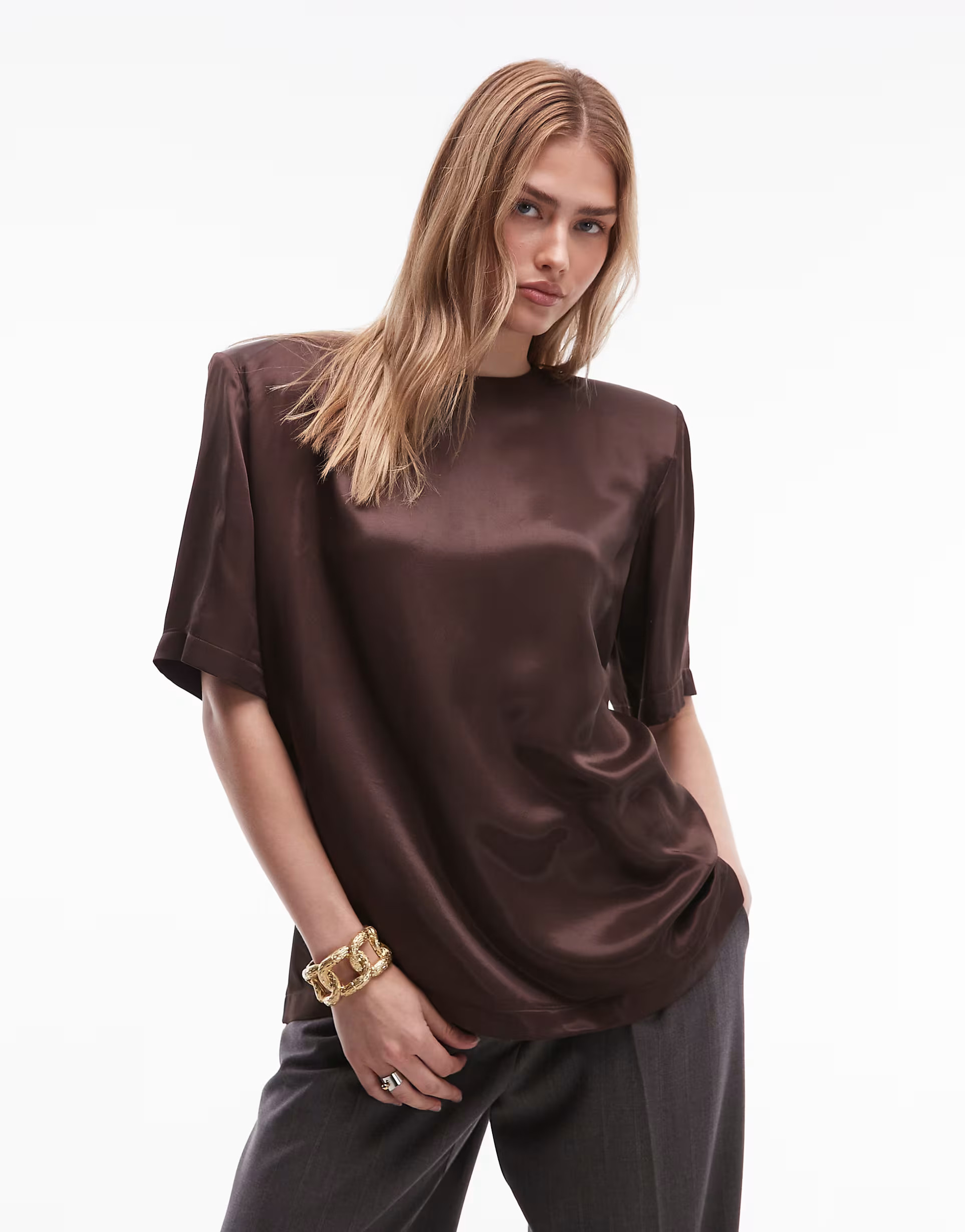 ASOS DESIGN satin shoulder pads t-shirt in chocolate | ASOS | ASOS (Global)