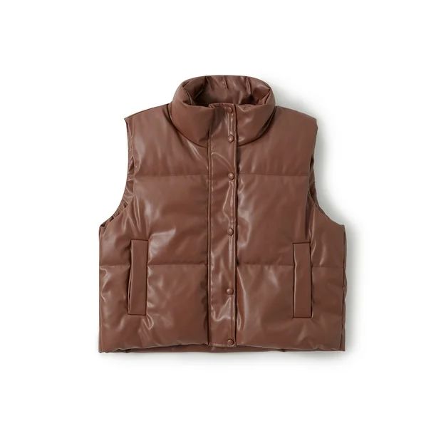 Women's Quilted Faux Leather Puffer Vest Winter Lightweight Sleeveless Warm Outerwear Puffer Vest... | Walmart (US)
