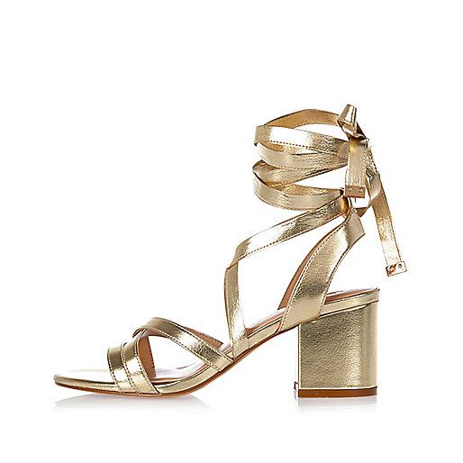 Gold tie-up block heel sandals | River Island (UK & IE)