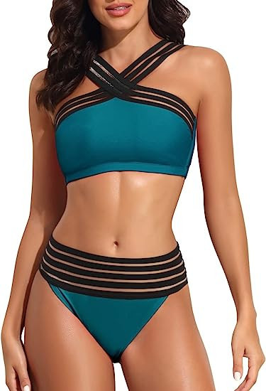 Hilor Women's Two Piece Bathing Suits Front Crossover Swimsuits Sexy Stripe Hollow High Waisted B... | Amazon (US)