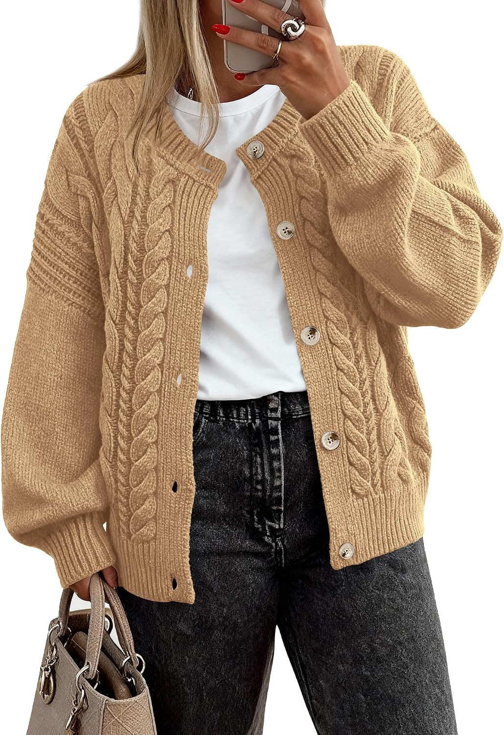 BTFBM Chunky Cardigan Sweaters for Women Fall Fashion 2025 Button Long Sleeve Loose Cable Knit Winter Coats Outerwear | Amazon (US)