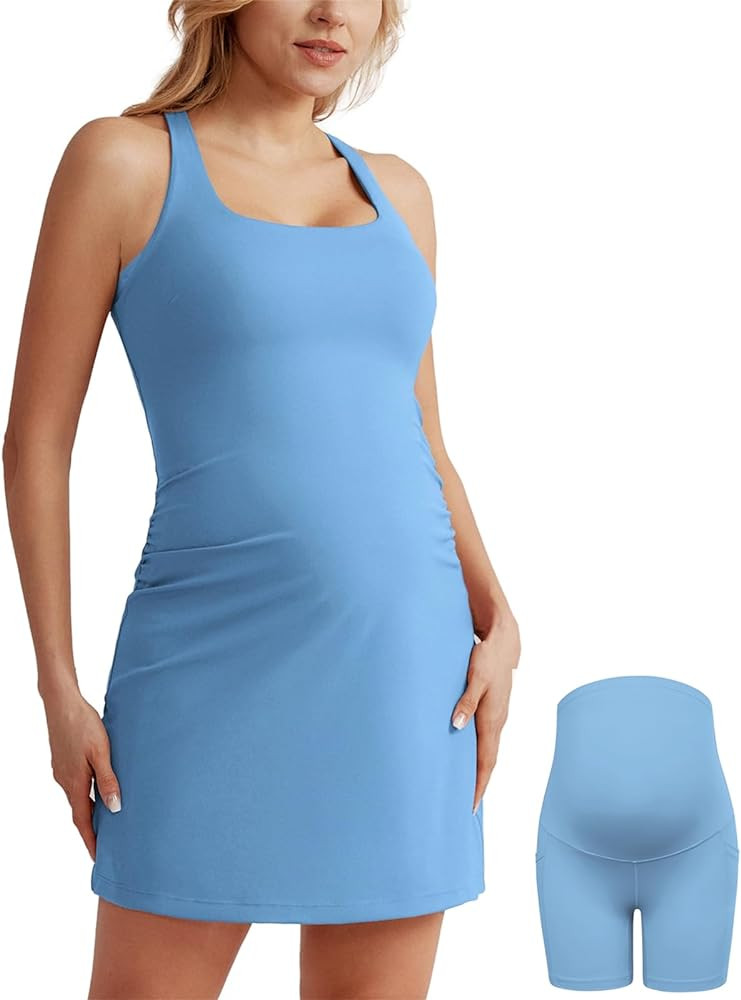 Maacie Maternity Tennis Dress with Shorts and Built in Bra Scoop Neck Sleeveless A-line Workout G... | Amazon (US)