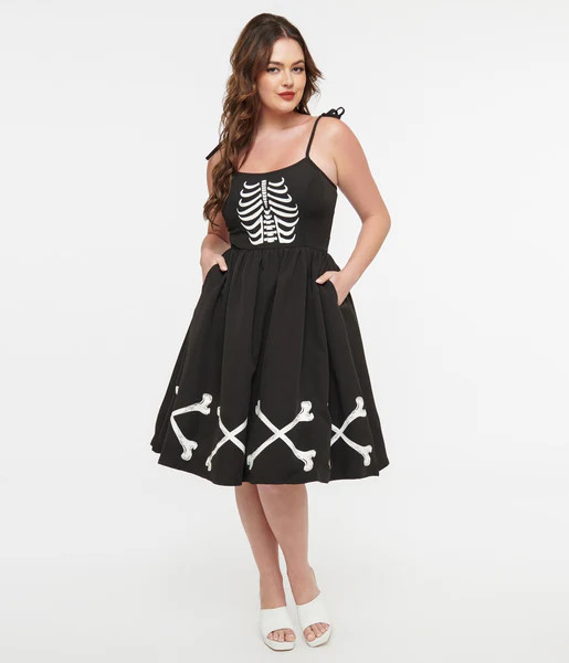 Unique Vintage 1950s Black & Glow in the Dark Skeleton Bobbie Swing Dress | UniqueVintage