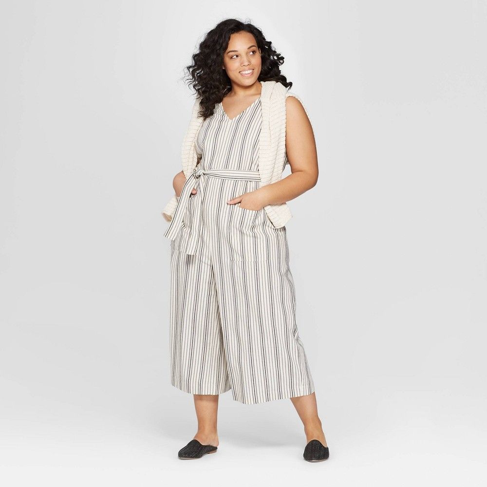 Women's Plus Size Striped Sleeveless V-Neck Jumpsuit - Universal Thread White X | Target