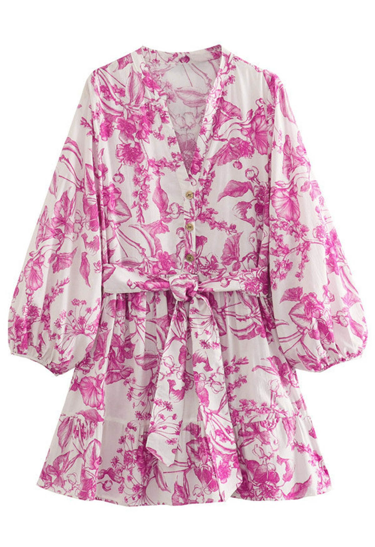 Watercolor Hot Pink Flower Lantern Sleeves Mini Dress | Chicwish