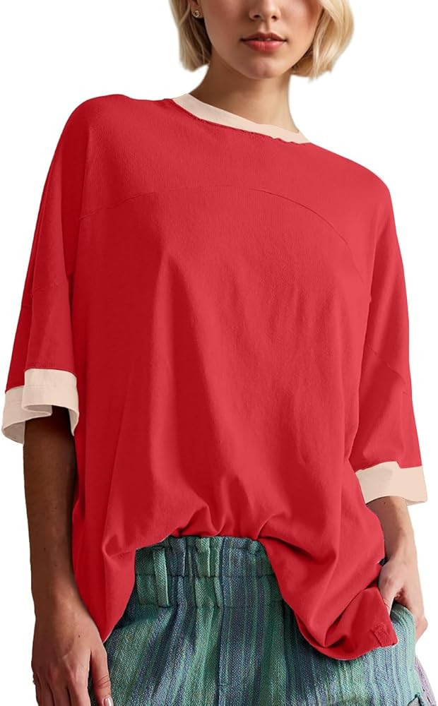 Women Color Block Y2K Oversized 3/4 Sleeve T Shirts Round Neck Split Side Patchwork Loose Fit Sum... | Amazon (US)