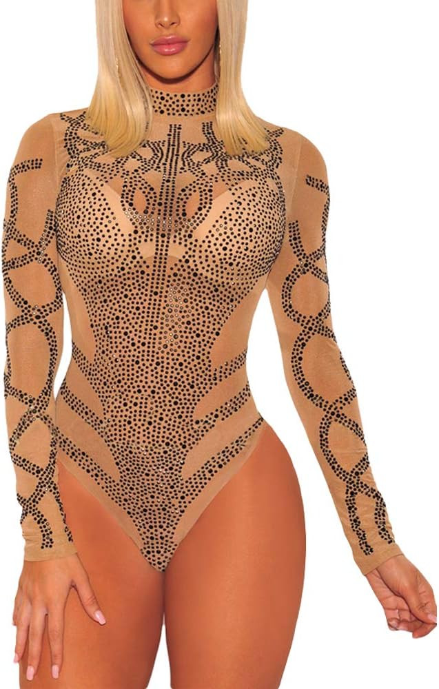 Lrady Women's Sheer Mesh Turtleneck Neck See Through Leotard Bodysuit Body Tops | Amazon (US)
