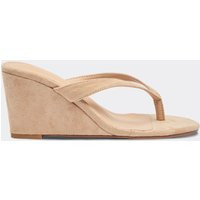 Alba Thong Strap Detail Wedge Heel In Beige Faux Suede, Women's Size UK 8 | EGO (UK)