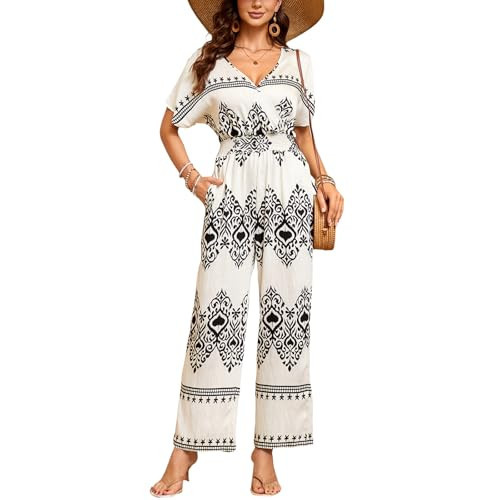 DUKAKII Women's Floral Jumpsuit Boho Jumpsuit Floating Short Sleeve V-Neck Elasticized Drawstring Jumpsuit with Pockets | Amazon (US)