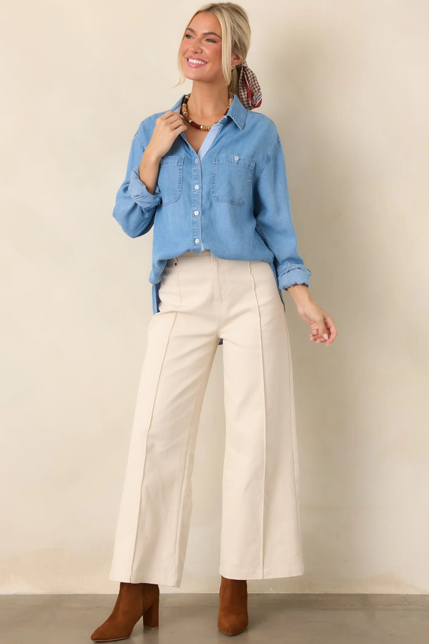Laid Back Luxe Medium Wash Denim Button-Up Shirt | Red Dress