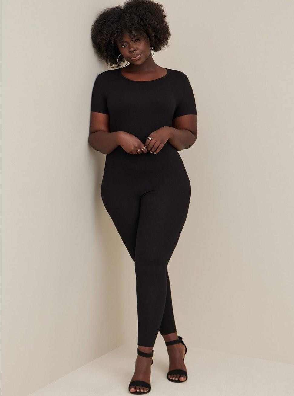 Full Length Short Sleeve Cat Suit - Cotton Black | Torrid (US & Canada)