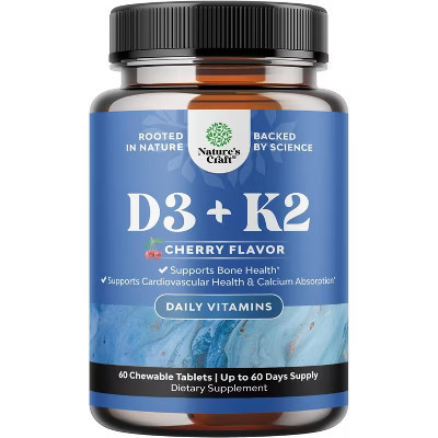 Vitamin D3 + K2 MK7 Supplement Tablets, Support Heart, Bone, Joint & Immune Health, Boosts Mood & Bone Strength, Cherry Flavor, Nature's Craft, 60ct | Target