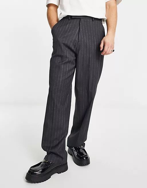 ASOS DESIGN high rise wide leg smart pants in charcoal pin stripe | ASOS | ASOS (Global)