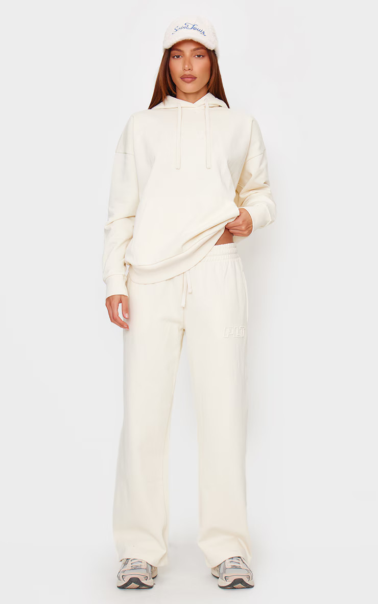 PRETTYLITTLETHING Cream Premium Embossed Wide Leg Sweatpants | PrettyLittleThing US