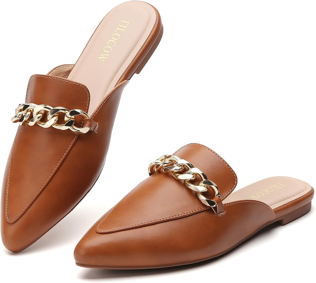 Tilocow Mules for Woman Metal Chain Slip On Flats Business Pointed Toe Loafers Backless Women Mul... | Amazon (US)