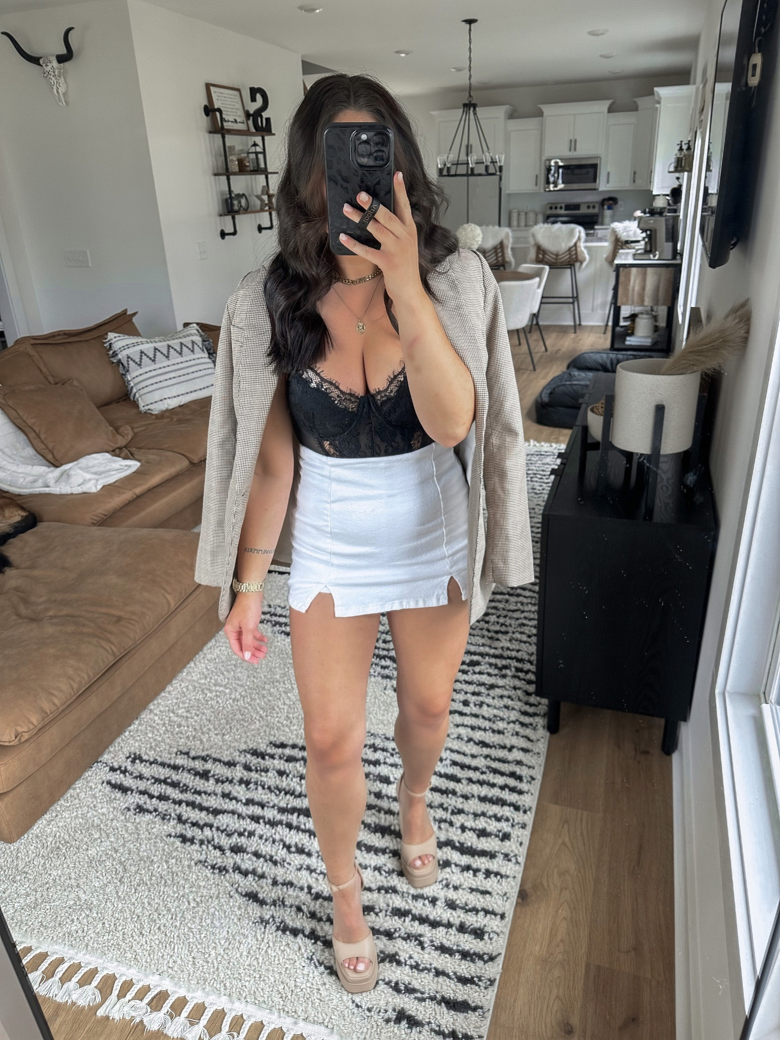 Bodysuit — small
Blazer — medium
Skort — xs

plaid blazer | oversized blazer | lace lingerie bodysuit | white mini skirt | going out outfit | platform heels | date night outfit ideas 



#LTKshoecrush #LTKstyletip #LTKunder50