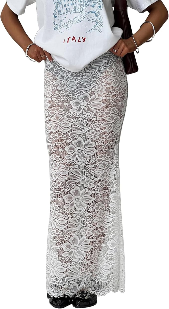 Floral Lace Maxi Skirt for Women Sexy See Through Low Waist Bodycon Long Skirts Y2k Clubwear Beac... | Amazon (US)