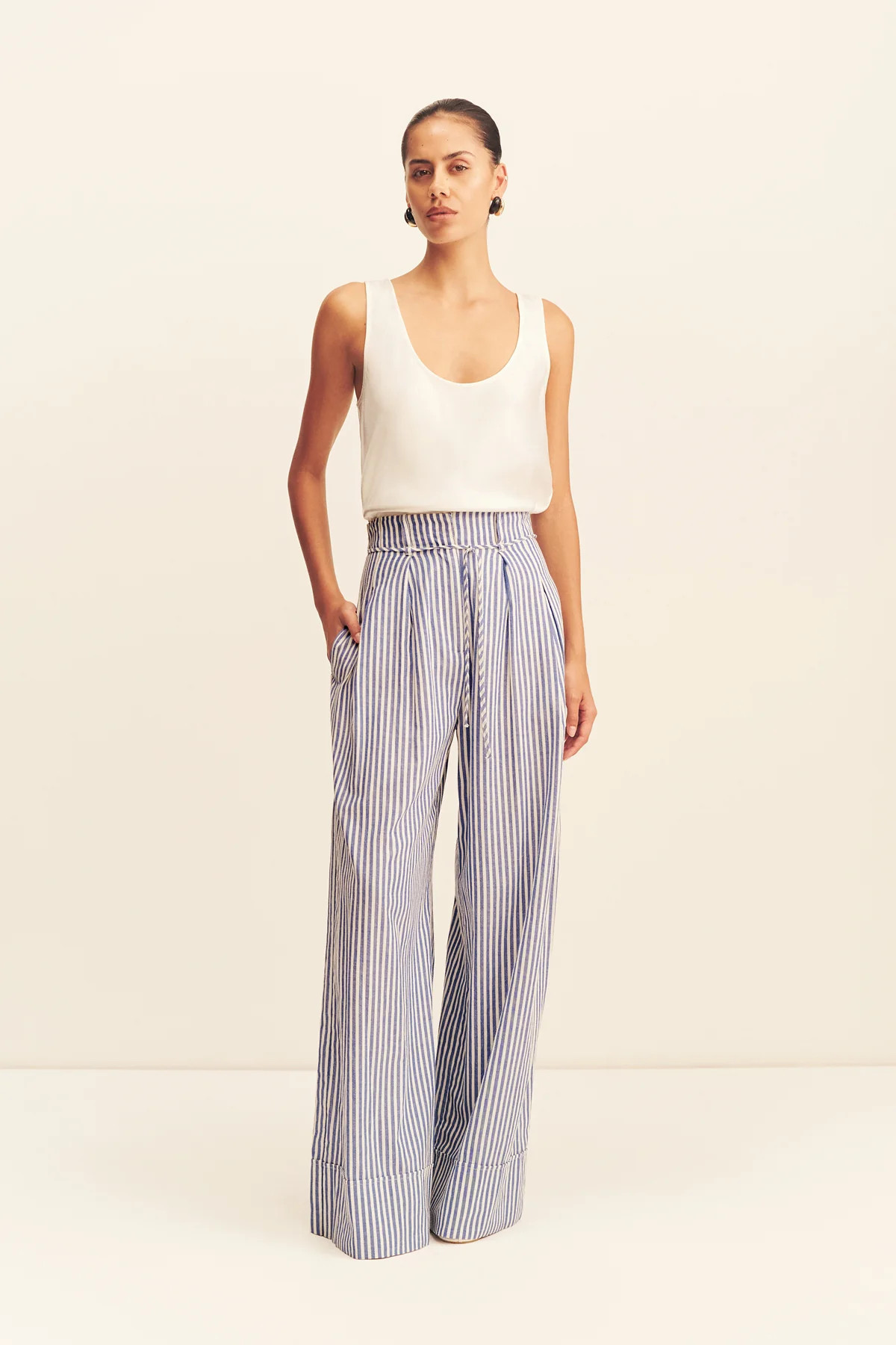Yasmine Belted Pant | Chambray Blue/Ivory | Pants | Shona Joy | Shona Joy