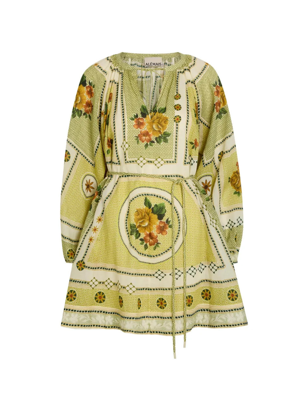 ALEMAIS dixie floral-print belted mini dress - Green | Farfetch Global