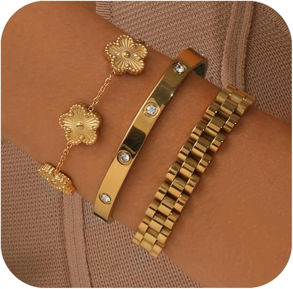 Stackable Four Leaf Clover Bracelets for Women, 18K Gold Plated Love Bangle Bracelets Set, 3 Pcs ... | Amazon (US)