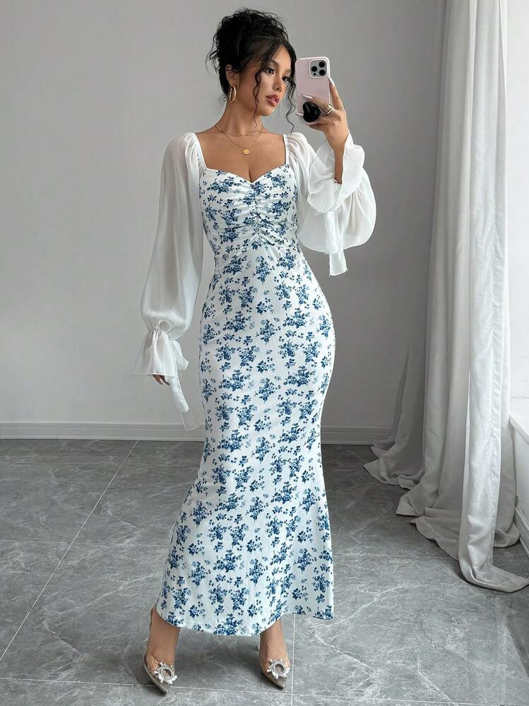 SHEIN Raffinéa Ditsy Floral Ruffle Splice Long Dress With Fish-Tail Hem Maxi Women Outfit | SHEIN