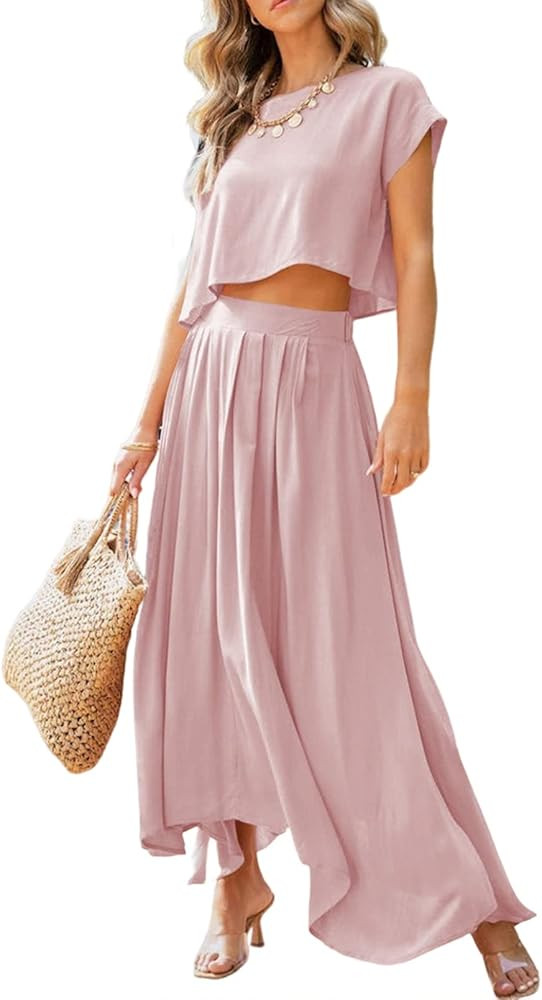 Dokotoo Womens Dresses 2 Piece Outfits Light Pink Top Light Pink Pants Outfit Pink Outfit Inspo | Amazon (US)