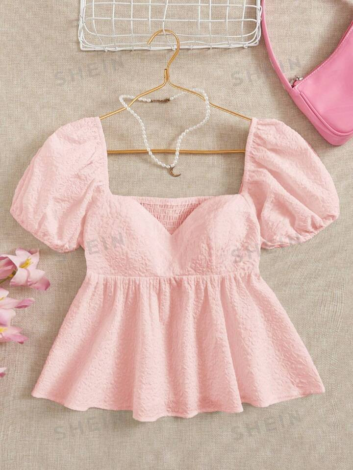 SHEIN WYWH Sweetheart Neck Puff Sleeve Shirred Back Peplum Blouse | SHEIN
