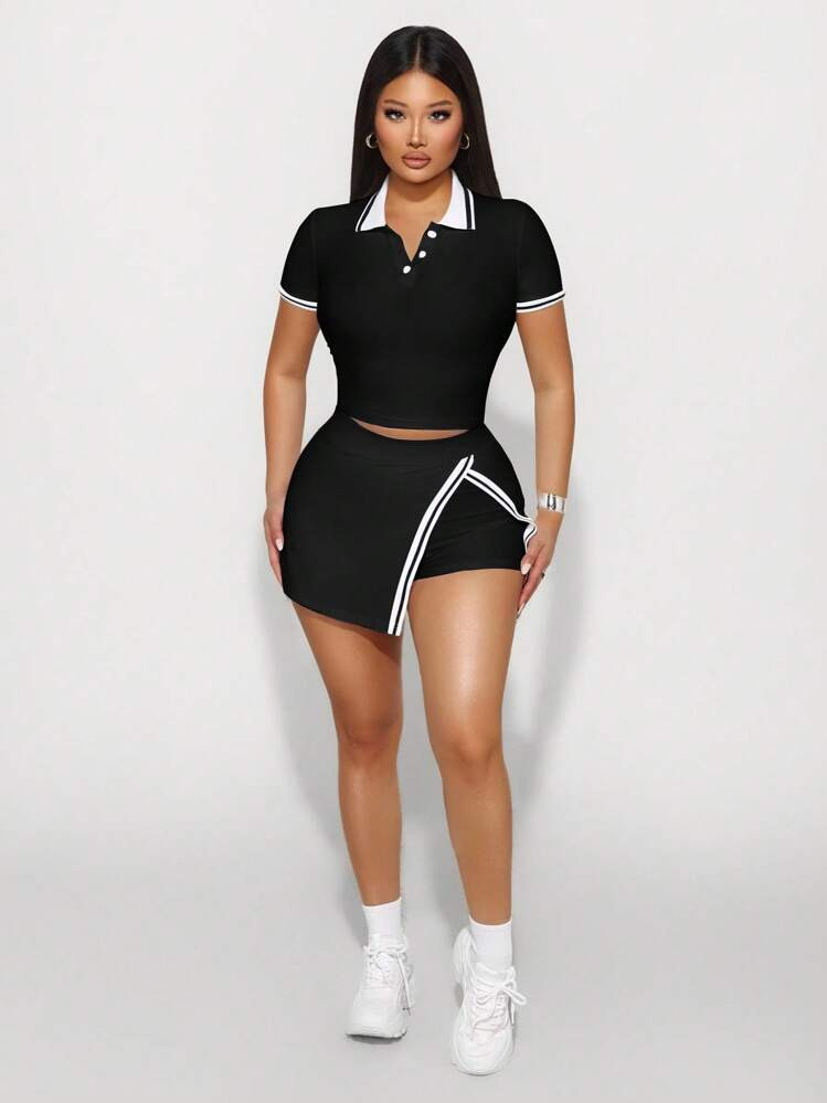 Sirith 2pcs Women Casual Contrast Color Polo Collar Short Sleeve Top And Skirt Pants Set | SHEIN
